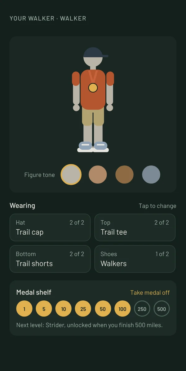 The walker screen: a figure in a cap, tee, shorts and walking shoes wearing a gold medal.
